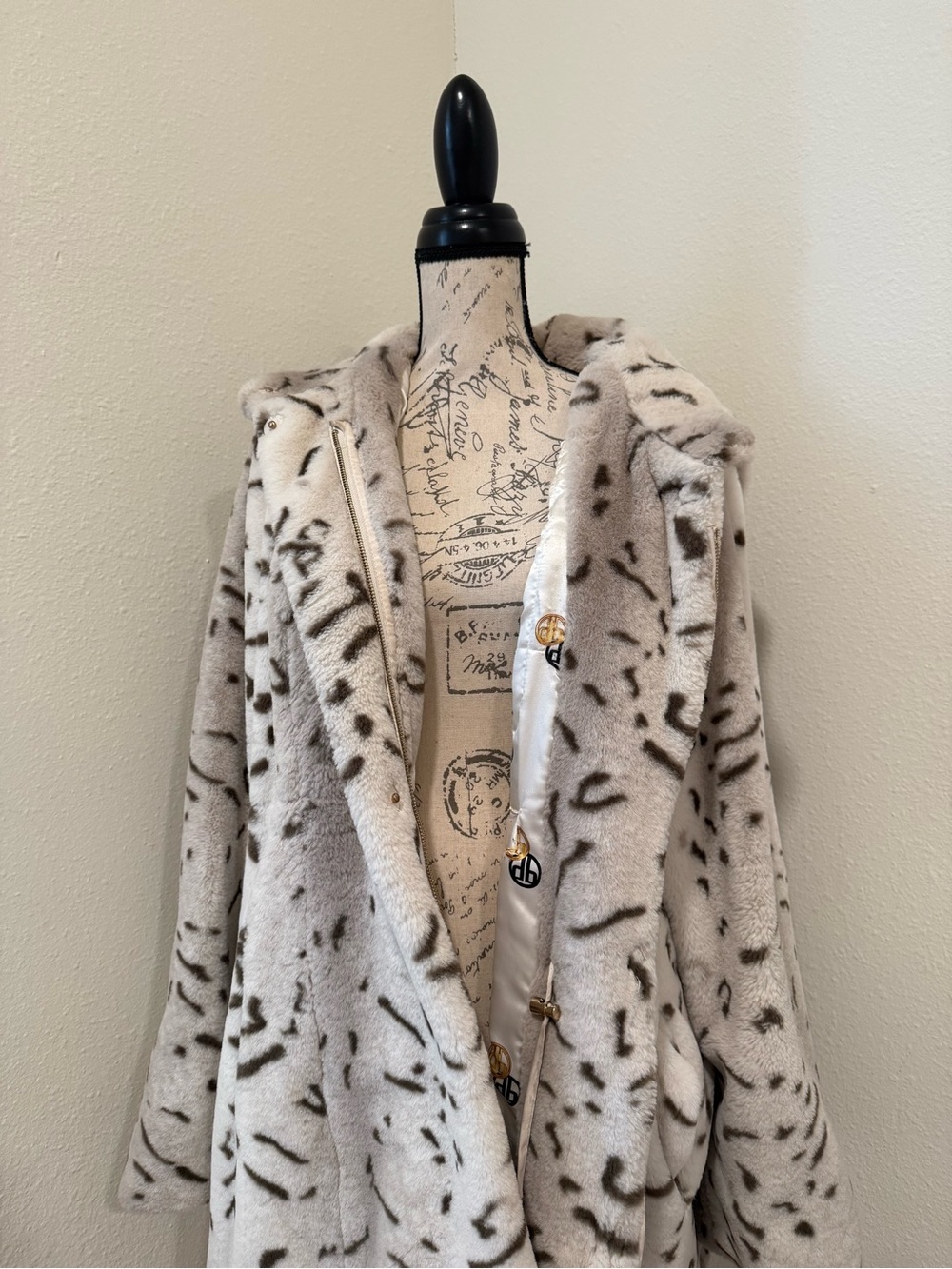 dennis basso Cream Faux Fur Hooded Coat with Dark Speckle Pattern